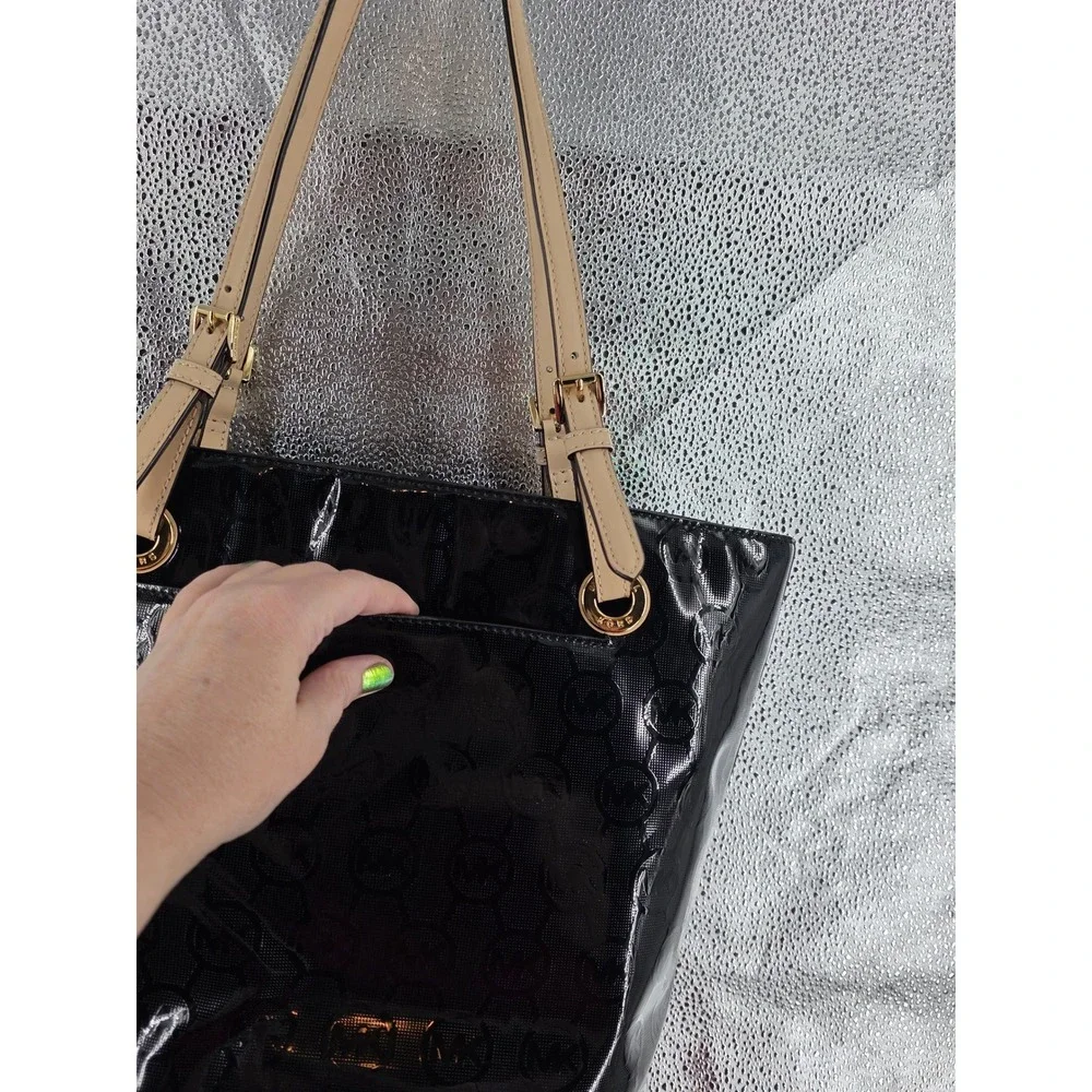 Michael Kors MK Black Patent Leather Tote Shoulder Bag Medium EUC!‎